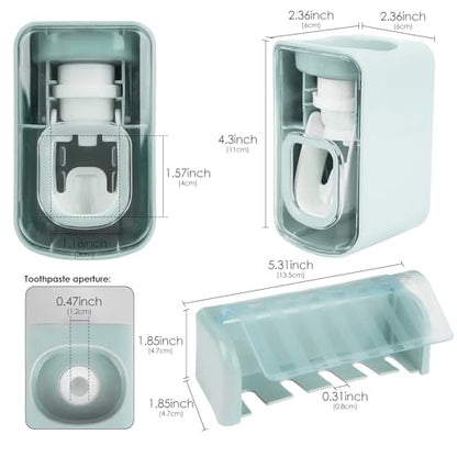 5 Slots Wall Mount Toothbrush Holder with Cover, Self Adhesive Toothbrush Storage Organizer for Shower, Toothbrush Hanger with Automatic Toothpaste Squeezer Dispenser (Blue) - color: Blue Combination