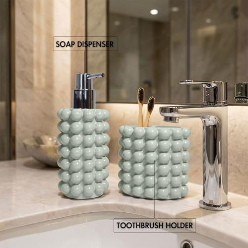 Better Trends 2-Piece Bathroom Accessory Set 400mL Refillable Soap Dispenser with Rustproof Pump 2-Slot Toothbrush for Vanity, Sink & Countertop Organization Dark Sage Nova Collection - color: Dark Sage