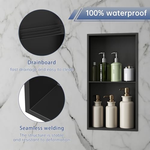 Shower Niche 24"×12" No Tile Needed, Matte Black Recessed Wall Niche, Stainless Steel, Waterproof Rust Resistant, 4in Deep for Bathroom Shower Room - size: 12"W x 24"H x 4"D