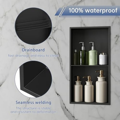 Shower Niche 24"×12" No Tile Needed, Matte Black Recessed Wall Niche, Stainless Steel, Waterproof Rust Resistant, 4in Deep for Bathroom Shower Room - size: 12"W x 24"H x 4"D