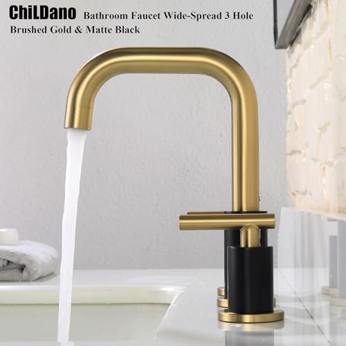 ChiLDano 8 inch Widespread Bathroom Faucet with Drain and Supply Hose | Black and Gold Bathroom Faucet for Sink 3 Hole , 2 Handle Bathroom Sink Faucet CH3166BGB - color: Black & Gold