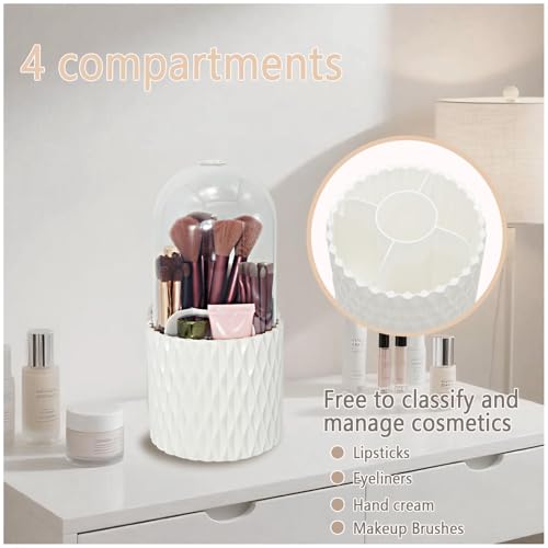 360°Smooth Rotating Makeup Brush Holder with Dustproof Lid Spinning Vanity Organizer for Beauty Lipstick Perfume,Brushes Storage Container,Countertop,Dressing Table,Bathroom Desk (White)