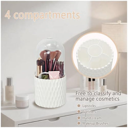 360°Smooth Rotating Makeup Brush Holder with Dustproof Lid Spinning Vanity Organizer for Beauty Lipstick Perfume,Brushes Storage Container,Countertop,Dressing Table,Bathroom Desk (White)