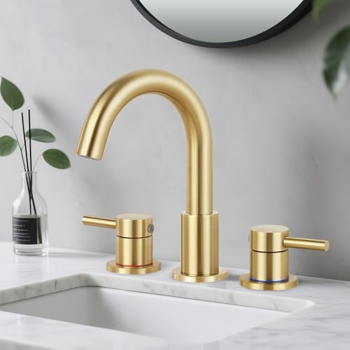 Bathroom Faucet 3 Hole Brushed Gold, 2-Handle Widespread Faucet | Lead-free stainless steel, pop-up drain, Detachable faucet aerator, 360°swivel, for RV & vanity sink 3-hole mount - color: 1-Brushed Gold, style: 8 Inch Widespread