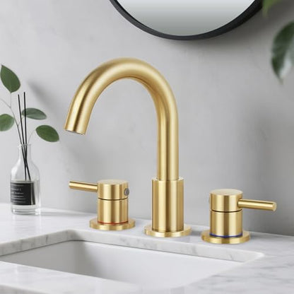 Bathroom Faucet 3 Hole Brushed Gold, 2-Handle Widespread Faucet | Lead-free stainless steel, pop-up drain, Detachable faucet aerator, 360°swivel, for RV & vanity sink 3-hole mount - color: 1-Brushed Gold, style: 8 Inch Widespread