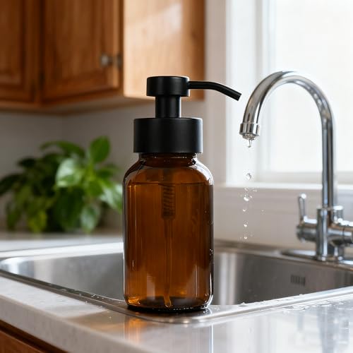 8.5 oz Amber Glass Foam soap Dispenser with Black Rust-Proof Foam Pump, refillable Thick Glass Foam soap Dispenser for Kitchen and Bathroom (1, 8.5 oz) - size: 8.5 oz