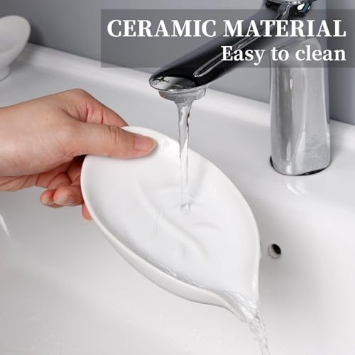 Soap Holder, Self-Draining Soap Dish, White Leaf Shape Ceramic Bar Soap Holder Drain Soap Dishes for Bathroom Sink Kitchen, Easy to Clean Keeps Soap Dry, ANTIS'S HOME - color: White-enhanced Drainage-1pcs