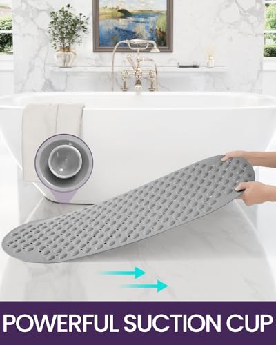 DEXI Bathtub Mat Non Slip 16x35, Shower Floor Mats for Bathroom Bath Tub | Grey, Washable Oval Bathmat, Suction Cups and Drain Holes to Keep Tubs Clean - color: All Grey