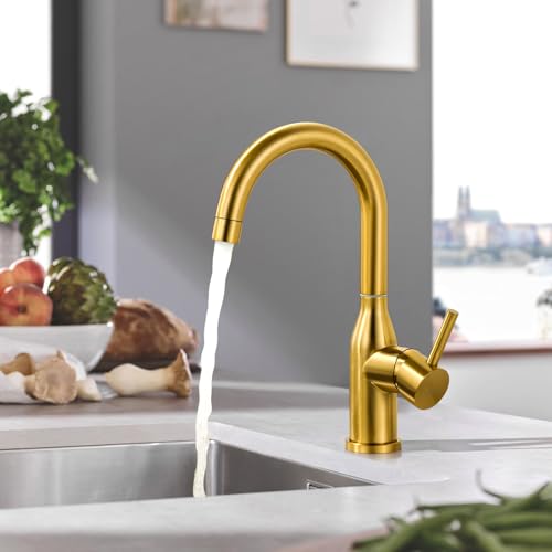 WOWOW Brushed Gold Bar Sink Faucet Single Hole Bar Faucet 1 Handle Small Kithcen Faucet for Wet Bar and RV Sink - color: Brushed Gold