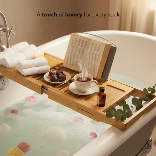 OVENTE Expandable Bamboo Bathtub Tray Caddy, Foldable Bath Tray, BTC20228 | With Book, Tablet, Phone & Wine Glass Holders, Bathroom Accessories & Home Spa Essentials, Easy to Store, Great Gift Idea