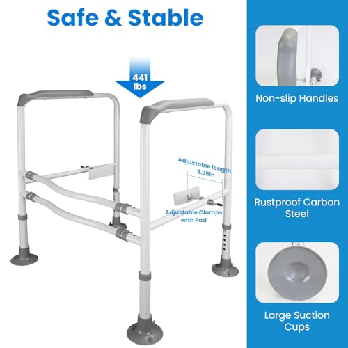 Toilet Safety Rails for Elderly 5 Adjustable Heights Width Stand Alone Toilet Safety Rails Frame Safe Stable Non-Slip Handles Hold Up to 441LBS Carbon Bathroom Steel Grey