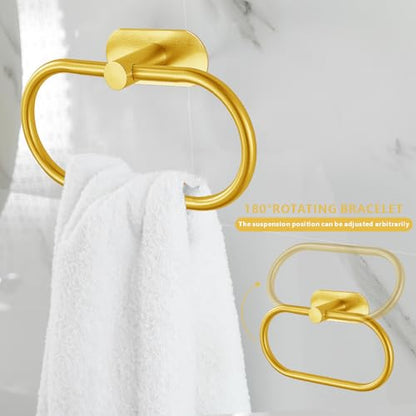 Toilet Paper Holder/Towel Ring Self Adhesive, Eolax No Drilling Gold Bathroom Hardware Accessories, Stainless Steel Sticky Toilet Roll Hanger and Hand Towel Holder, Wall Mounted, 2 Pieces - color: Gold