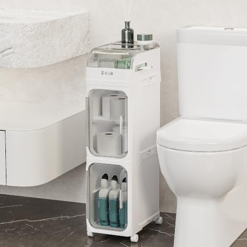 BINSIO 3-Tier Slim Bathroom Storage Cabinet, Rolling Toilet Paper Storage Cabinet with Clear Doors, Narrow Toilet Side Organizer for Small Bathrooms, Rolls, Wipes, Cleaners and Bathroom Essentials - size: 3 Tiers