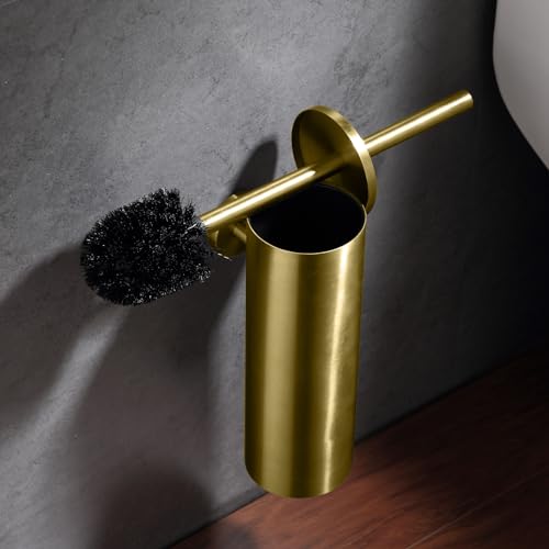 AIREMOEN 1PCS Brushed Gold Wall-Mounted Toilet Brush and Holder Set, 304 Stainless Steel Handle Toilet Brush Holder, Toilet Brush and Plunger Set, Bathroom Wall-Mounted Compact Toilet Brush Holder
