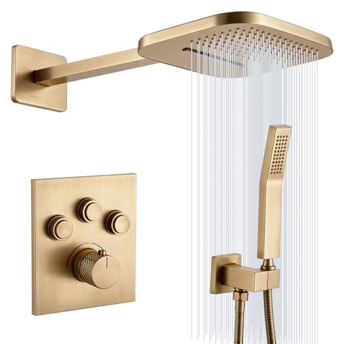 TRUSTMI 10" Shower System with Thermostatic Valve, Rainfall, Brushed Gold | Solid brass system with push-button diverter for waterfall and handheld spray. Anti-scald safety lock protects the family - color: Brushed Gold