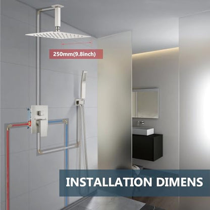 Aolemi Ceiling Mount Shower System Rain Shower Head with Handheld Spray High Pressure Shower Faucet Set Rough-in Valve Shower Trim Kit Included Bathroom Brushed Nickel 10 Inch Ceiling Shower Head - color: Nickel, size: 10 Inch Ceiling Shower Head