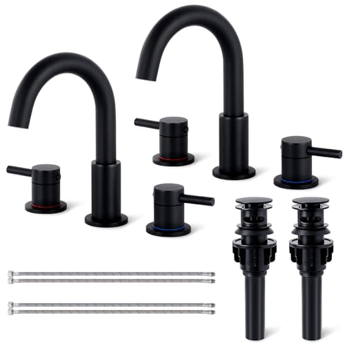 Black Bathroom Faucet 3 Hole, 2-Handle Widespread Faucet (2 Pack) | Lead-free stainless steel, pop-up drain, Detachable faucet aerator, 360°swivel, for RV & vanity sink 3-hole mount - color: 1-Black*2, style: 8 Inch Widespread