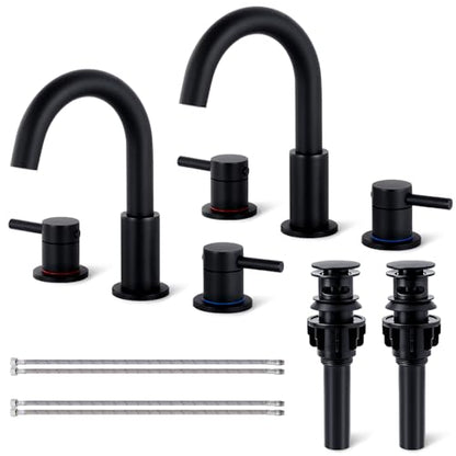 Black Bathroom Faucet 3 Hole, 2-Handle Widespread Faucet (2 Pack) | Lead-free stainless steel, pop-up drain, Detachable faucet aerator, 360°swivel, for RV & vanity sink 3-hole mount - color: 1-Black*2, style: 8 Inch Widespread