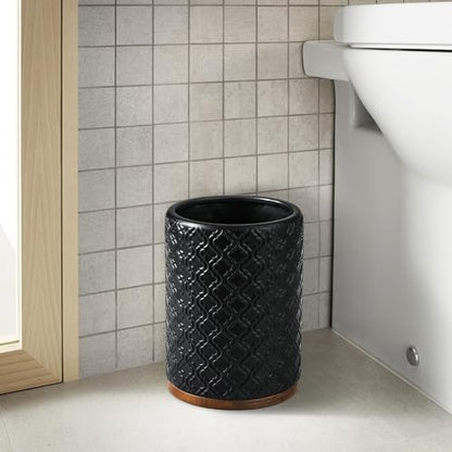 RQYIXI Elegant Bathroom Accessories Set 6 PCS Ceramic and Wood Bathroom Accessory Set Soap Dispenser Toothbrush Holder Tumbler Soap Dish Tray Trash Can Easy to Clean Quatrefoil Pattern Black - color: Black Trash Can