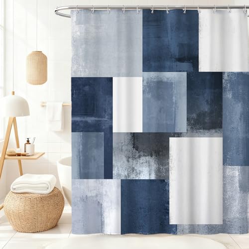 Navy Blue Black Shower Curtain, Modern Geometry Plaid Check Shower Curtains for Bathroom, Ombre Abstract Waterproof Polyester Fabric Shower Curtain Set with Hooks, Standard Size 72 x 72 inches - color: Blue Black
