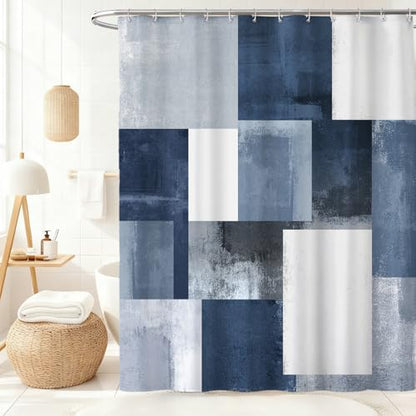 Navy Blue Black Shower Curtain, Modern Geometry Plaid Check Shower Curtains for Bathroom, Ombre Abstract Waterproof Polyester Fabric Shower Curtain Set with Hooks, Standard Size 72 x 72 inches - color: Blue Black