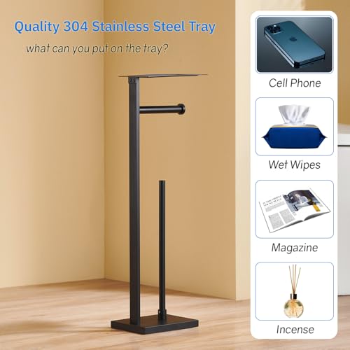 Freestanding Toilet Paper Holder Stand – Stainless Steel Bathroom Tissue Holder with Storage Tray & Roll Organizer, Square Design (Matte Black) - color: Matte Black