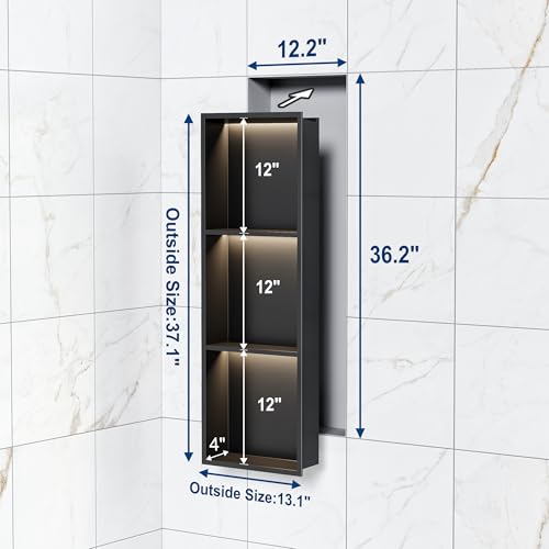 Matte Black 3-Tier 3CCT LED Niche, 12"x36" No-Tile Shower Storage | shower niche with 3-Temperature LED Strip Light (4000K/6000K/3000K),Waterproof, Sturdy&Durable,304 Stainless Steel Wall Niche - color: Matte Black, size: 12X36In