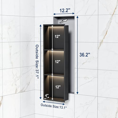 Matte Black 3-Tier 3CCT LED Niche, 12"x36" No-Tile Shower Storage | shower niche with 3-Temperature LED Strip Light (4000K/6000K/3000K),Waterproof, Sturdy&Durable,304 Stainless Steel Wall Niche - color: Matte Black, size: 12X36In