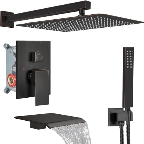 Midanya Shower System with Tub Spout,Bathtub Shower Faucet Set with Square Rainfall Head and Handheld Sprayer Wall Mount Tub Faucet Set with Valve and Trim Kit,16 Inch Oil Rubbed Bronze - color: Oil Rubbed Bronze, size: 16 Inch