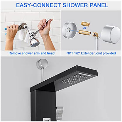 ROVOGO RETROFIT Shower Panel Tower with LED Lights and Temperature Display | Rainfall Waterfall Shower Head, Body Jets and Handheld, Stainless Shower Column Black, Easy Connect, NOT INCLUDE MIXING VALVE