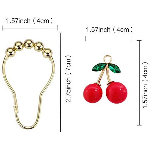 Set of 12 Cherries Shower Curtain Hooks Rings, Red Cherry Pendant Decoration, Fruit Style for Kids Bathroom, Stainless Steel Hooks Rustproof (Red-Cherry)