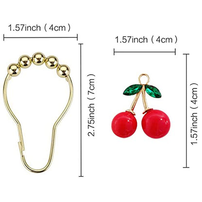 Set of 12 Cherries Shower Curtain Hooks Rings, Red Cherry Pendant Decoration, Fruit Style for Kids Bathroom, Stainless Steel Hooks Rustproof (Red-Cherry)