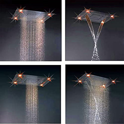 Cascada Classic Design 31 Inch (600mmx800mm) Large Rain Shower Set with Waterfall LED Rectangle recessed ceiling-mount 4 Function shower head (Antique Brass) - color: Antique Brass