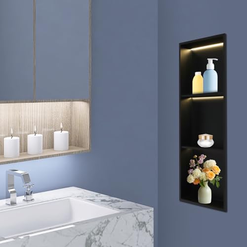 Stainless Steel Shower Niche with LED Light,12*36in Matte Black No Tile Needed Wall Vertical Niche,3-Tier Recessed Shower Shelf for Bathroom Storage Over Mount Installation (12*36in LED) - size: 12*36in LED