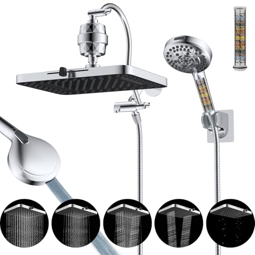 Hibbent 13'' Filtered Shower Head with 10-Spray Handheld, Chrome | 5 Modes Rainfall Shower Head, High Pressure Showerhead Combo, 20 Stage Shower Filter, 12'' Extension Arm, 71'' Hose & Holder - color: Chrome, style: Square 13'' with Filter