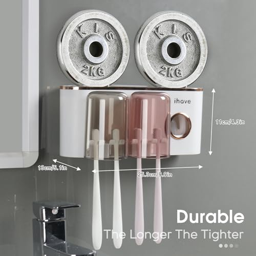 iHave Toothbrush Holders for Bathrooms Wall Mounted with Dispenser & 2 Cups | 6 Slots Wall Mount Toothbrush Holders for Bathrooms with Squeeze Toothpaste Dispenser, 2 Cups & 2 Compartments Organizer - color: White 2 Cups