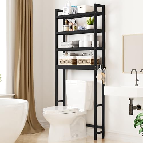 Smiry Over The Toilet Storage Cabinet, 4-Tier Bamboo Bathroom Organizers with Adjustable Shelf & 4 Hooks, Space Saving Shelf Rack for Bathrooms, Laundry Room, Balcony, Black - color: Black, size: 4 Tiers (72.8"H)