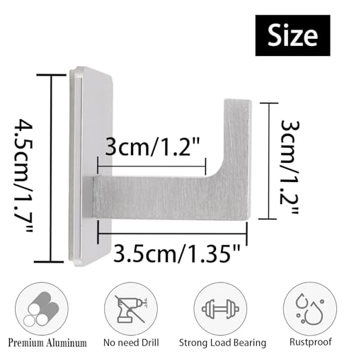 Bath Towel Hooks, 6 Pack Self Adhesive Square Coat Hooks, Sturdy No Drilling Robe Hook, Heavy Duty Aluminum Clothes Hanger, Wall Hooks for Bathroom Bedroom Kitchen (2 in, Silver) - color: Sliver, size: 6 Pack