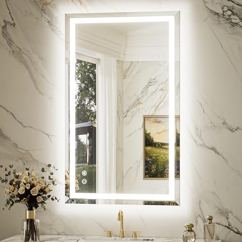 Keonjinn 40 x 24 Inch Beveled Lighted Bathroom Mirror, Frontlit and Backlit | HD Tempered Glass, LED Bathroom Mirror with Light, 3000K/4500K/6000K, Fast Defogging, Stepless Dimmable, Memory Function - size: 24"L x 40"W