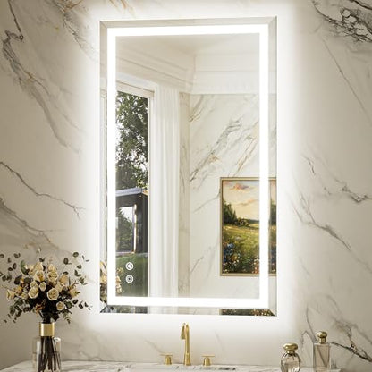 Keonjinn 40 x 24 Inch Beveled Lighted Bathroom Mirror, Frontlit and Backlit | HD Tempered Glass, LED Bathroom Mirror with Light, 3000K/4500K/6000K, Fast Defogging, Stepless Dimmable, Memory Function - size: 24"L x 40"W