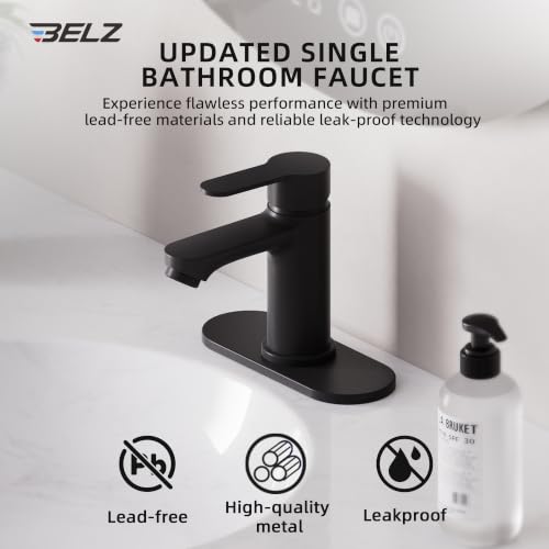 BELZ Black Bathroom Faucet, Lead-Free for 1 or 3 Hole 4" Vanity Sink | NSF372 Compliant,Anti-peeling PVD Finish,Includes Pop-up Drain & Hoses,Single Handle Modern Design, Easy DIY Install - color: Matte Black