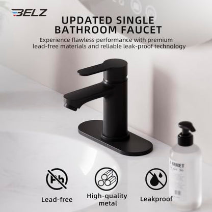 BELZ Black Bathroom Faucet, Lead-Free for 1 or 3 Hole 4" Vanity Sink | NSF372 Compliant,Anti-peeling PVD Finish,Includes Pop-up Drain & Hoses,Single Handle Modern Design, Easy DIY Install - color: Matte Black