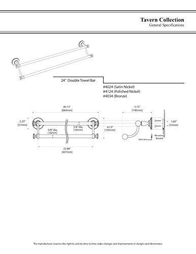 Gatco 4024 Tavern, Double Towel Bar, 24”, Satin Nickel - color: Satin Nickel
