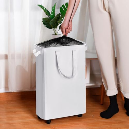 efluky Slim Laundry Basket with Wheels, Rolling Laundry Hamper on Wheels for Clothes, Small Laundry Bin for Bedroom, Dorm and Laundry Room, 60L White