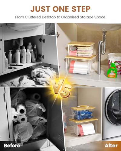 Trash Bag Dispenser 2-Pack, Stackable Trash Bag Holder with Bamboo Lid – Clear Plastic Garbage Bag Organizer for 13/30/33 Gal Bags, Space-Saving Under Sink Organizer for Kitchen, Laundry, Pantry - size: XL+XL