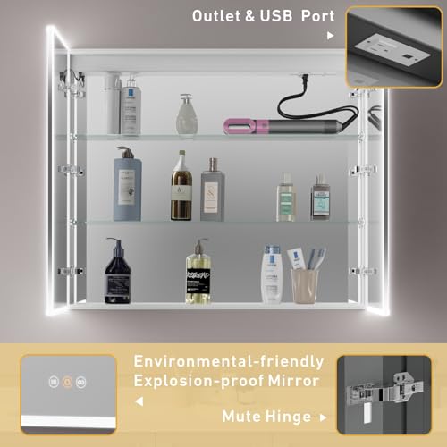 Recessed Medicine Cabinet with Mirror 42"x36" Medicine Cabinet Mirror | Lighted Medicine Cabinet, Bathroom Medicine Cabinet with Mirror, Adjustable Shelves, Defogger, Outlets, USB, Dimmable - size: 42x36 Inch-Recessed