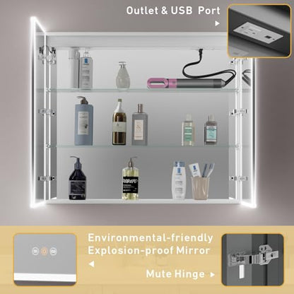 Recessed Medicine Cabinet with Mirror 42"x36" Medicine Cabinet Mirror | Lighted Medicine Cabinet, Bathroom Medicine Cabinet with Mirror, Adjustable Shelves, Defogger, Outlets, USB, Dimmable - size: 42x36 Inch-Recessed