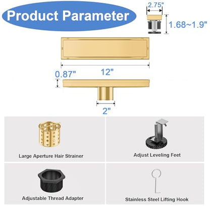 12 Inch Linear Shower Drain-Brushed Gold, with Tile Insert Grate | AISI 304 Stainless Steel Shower Drain, Rectangle Shower Floor Drain with Leveling Feet, Fits Bathroom & Balcony etc - color: Brushed Gold, size: 12 Inch