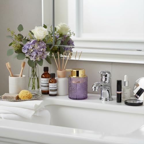 Foaming Soap Dispenser, Purple Glass Foam Soap Dispenser with Gold Pump, Refillable 10oz Lotion Liquid Container Pump Bottle for Bathroom Kitchen Countertop - color: Purple