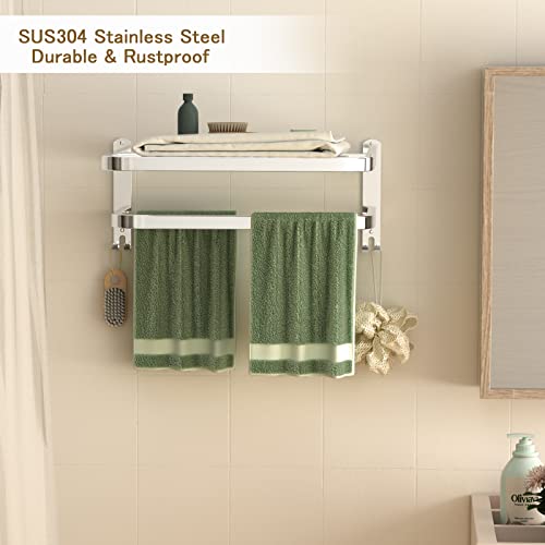 15 Inch Bathroom Towel Rack Towel Shelf with Double Towel Bars Lavatory Wall Mount Holder with Hooks Stainless Steel Hotel Bath Rack - color: Silver 1